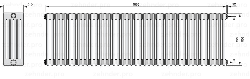 Схема (чертеж) Радиатор Zehnder Charleston 6090/41 №7610 Белый глянцевый RAL 9016